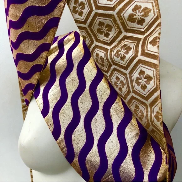 Vintage Gold Wave Pattern Japanese Obi Sash Belt 